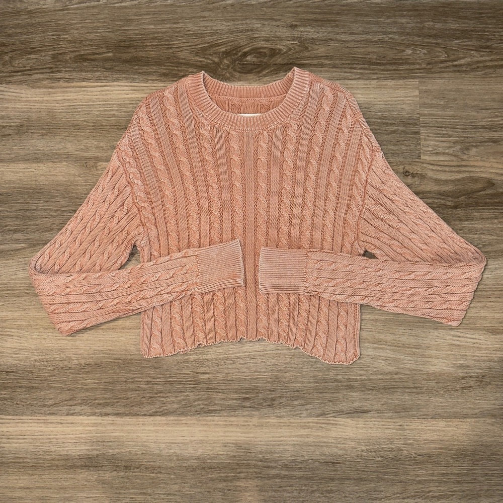 Aerie Mini Cable Cropped Sweater Blush Pink Long Sleeve Cozy Women Size Small
